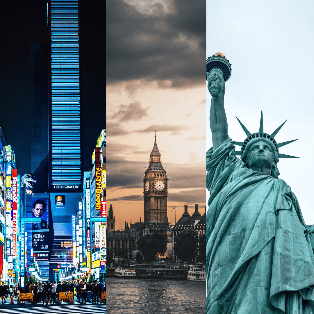 Different trading sessions depicted by a picture of a night life in the streets of Japan, the picture of big Ben in London and the statue of Liberty in New York