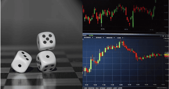 Rolling dices against market charts, which implies gambling vs trading