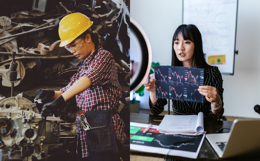 A picture showing a female construction worker and another female full-time trader mentoring her online client