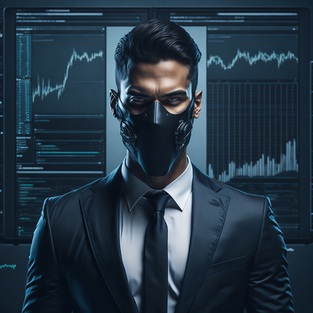A trader using a face mask depicting ego as a savvy sidekick