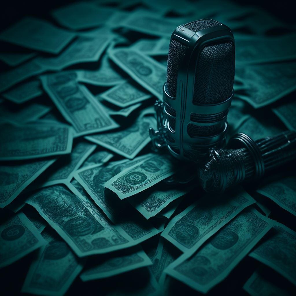 A microphone and currencies, depicting trading signals